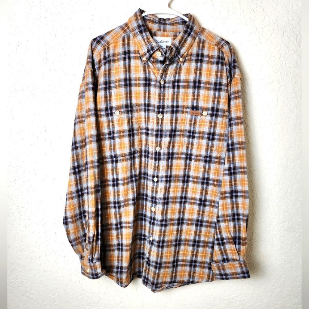 Carhartt Plaid Cotton Button Down Long Sleeve Top Shirt Mens Brown Size XL